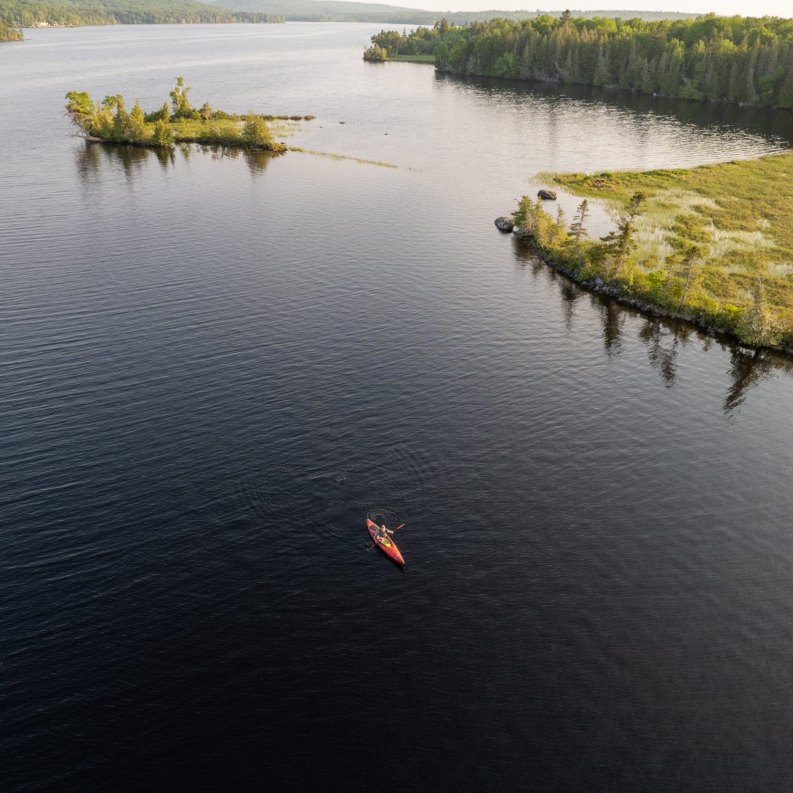 A drone shot of kayaking in North Lake