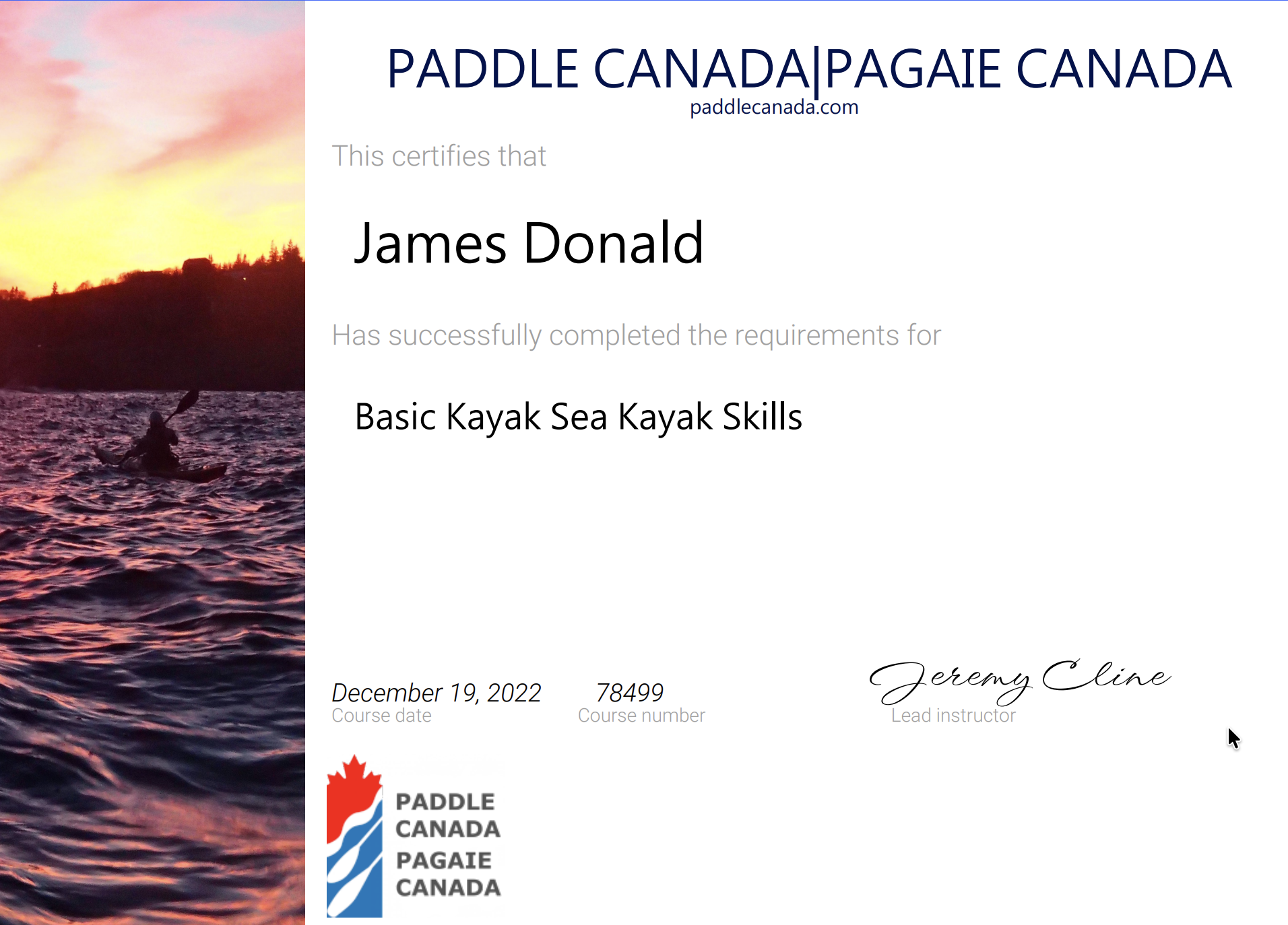 Basic Kayak Certificate